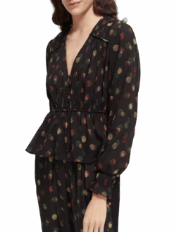 Scotch & Soda Printed Peplum V-Neck Shirt