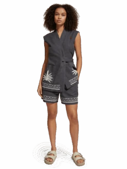 Scotch & Soda Palm Embroidered High Rise Linen Short