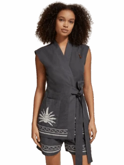 Scotch & Soda Belted Gilet With Palm Embroidery